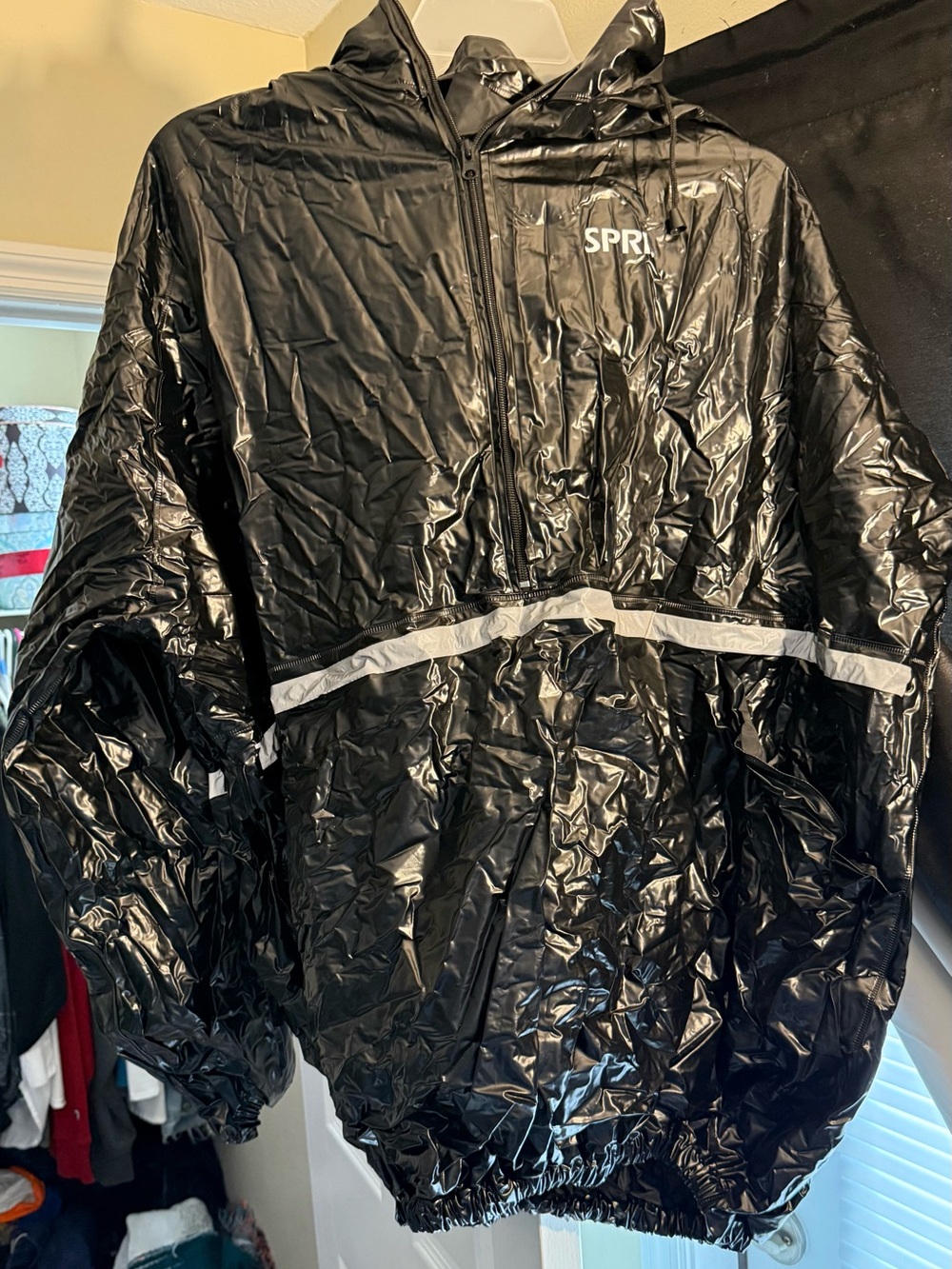 Black Shiny Lightweight Anorak Pullover Jacket with Reflective Stripe